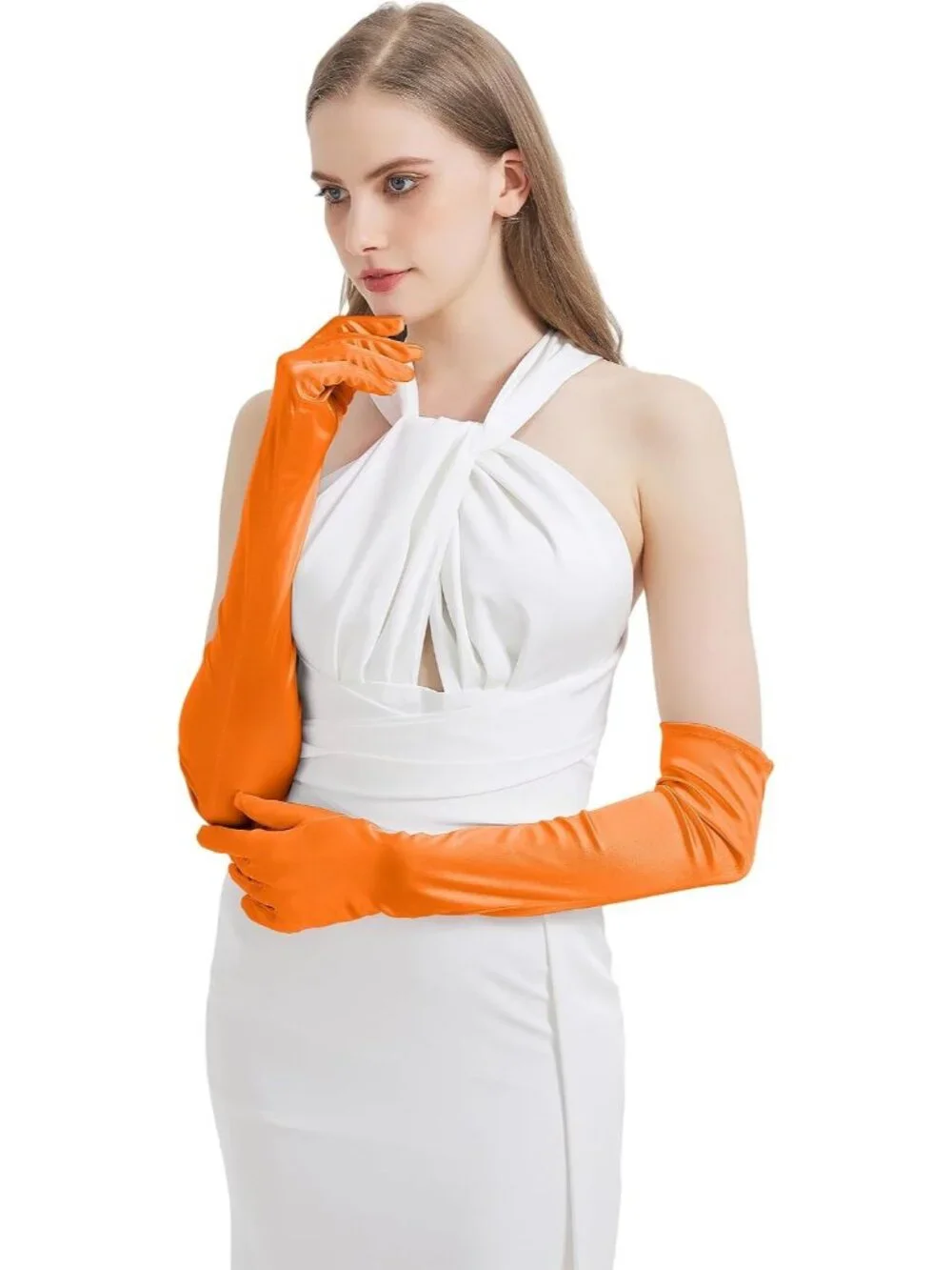Women's Orange Satin Opera Elbow Length 1920s Flapper Long Gloves Party
